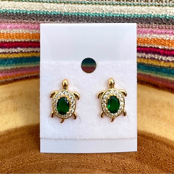 Simulated Emerald and Pave CZs Turtle Post Earrings 18K Gold Filled NIP - Picture 2 of 5